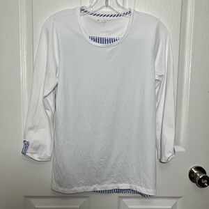 E.L.I. White and Blue Striped 3/4 sleeve Pima Cotton Crew neck top | size small